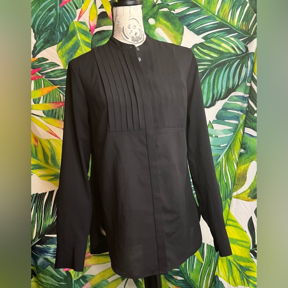 J. Crew Small Black Pleat Front Tunic Office Semi Sheer Preppy Button Blouse